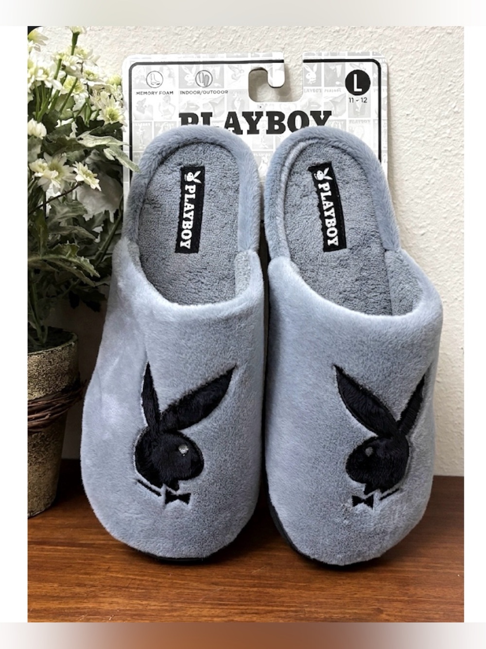 PLAYBOY MENS FUZZY SLIP ON SLIPPERS L 11/12 BUNNY GREY BLACK MEMORY FOAM DAPPER